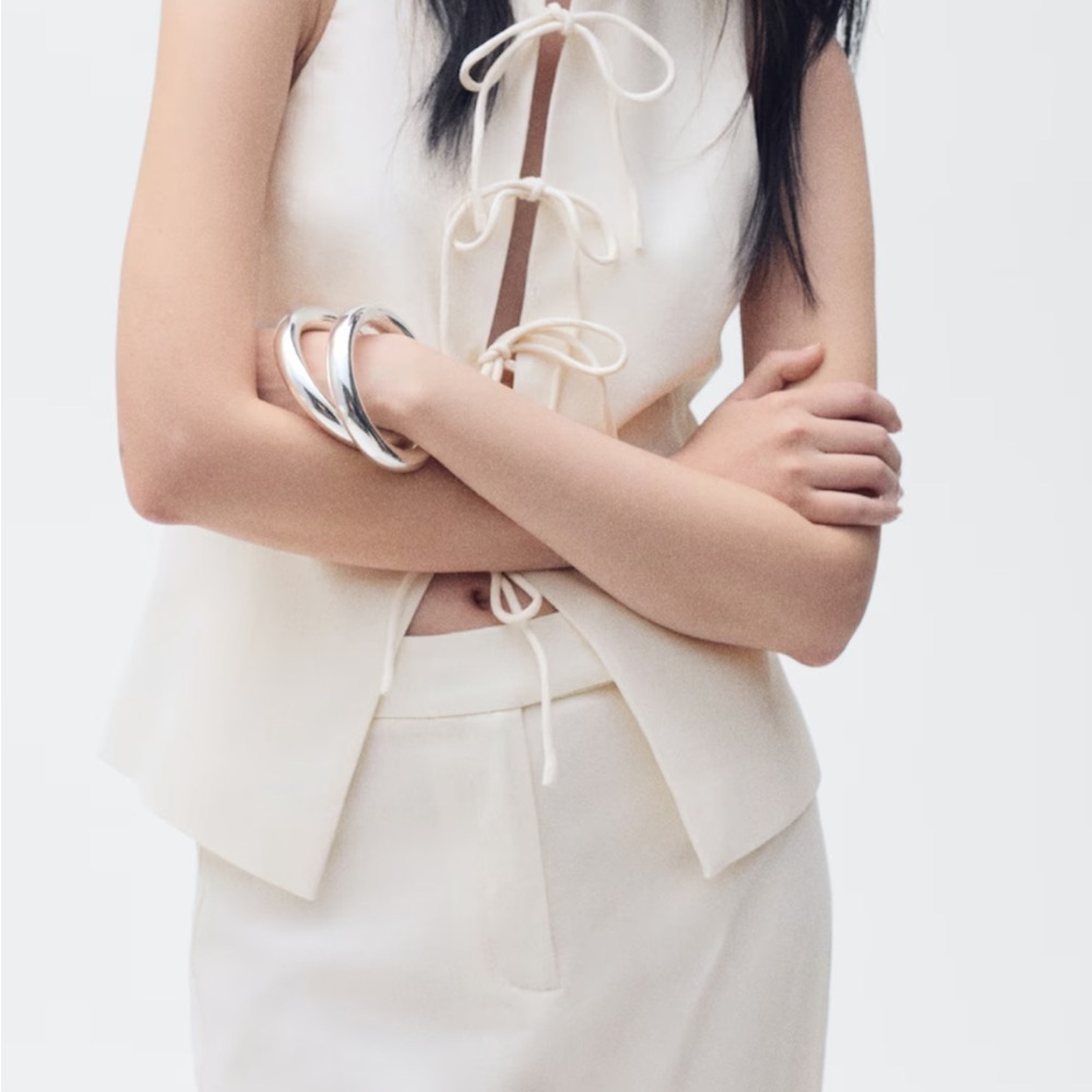 MANGO Linen Blend Cream Tie-Front Bow Top